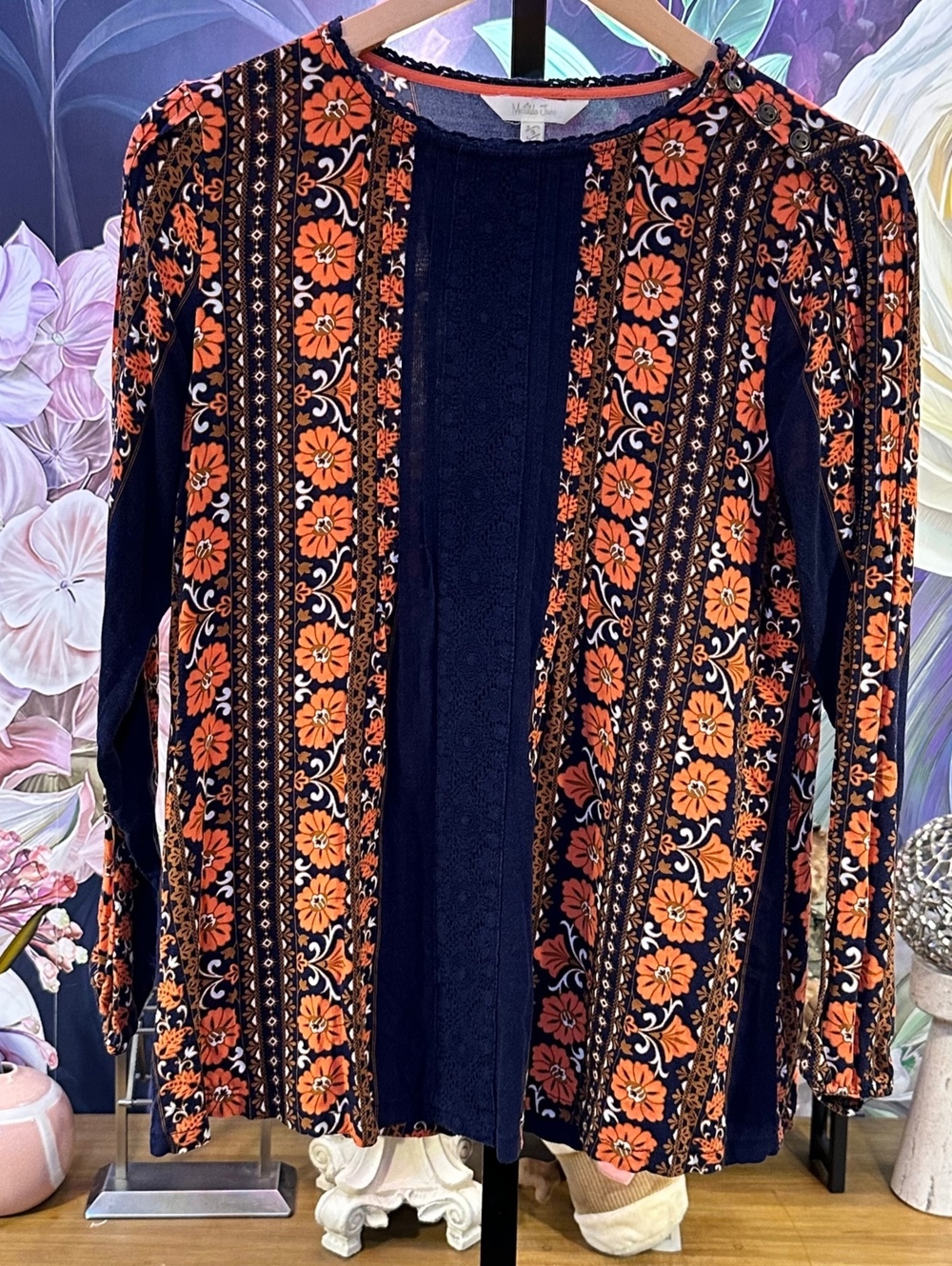 Matilda Jane S Women's Top Boho Floral Pattern Lace Detail Navy Orange Blouse